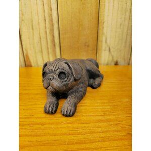 Small Vintage Brown ceramic Pug Dog Figurine Lying Down Collectible Home Decor